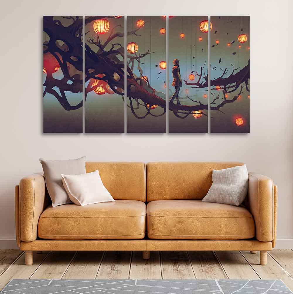 VIBECRAFTS Man Walking in Night Premium Five Pieces Canvas Wall Painting For Home|Office|Living Room|Gift (PTVC5Pcs4_8649)