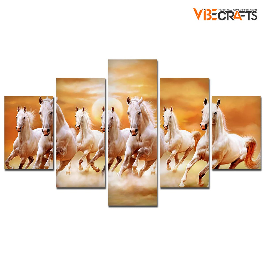 VIBECRAFTS Seven White Running Horses 5 Pieces Premium Wall Painting For Home|Office|Living Room|Gift (PTVC5Pcs1_5507)