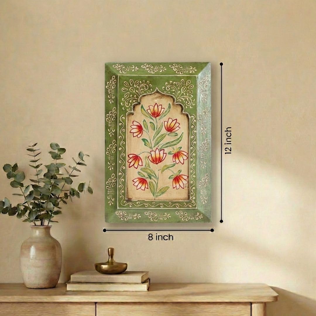 ATRANGI STUDIO Handpainted Wooden Wall Frame | Rajasthani Traditional Craft | Decorative Floral Wall Hanging Art for Living room, Bedroom, Office | 12×8 Inch, Green