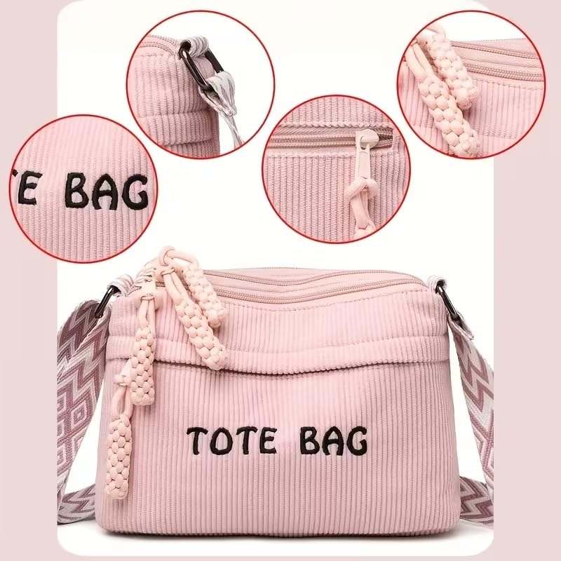 Street27 Women’s Premium Corduroy Tote Bag with Adjustable Wide Strap, Multi-Pocket Crossbody & Shoulder Handbag, Lightweight Everyday Carry with Secure Zipper Closure | (Pink)