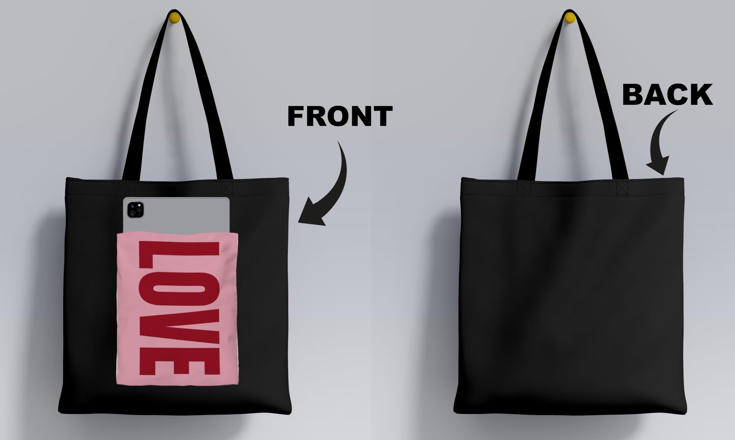 ZORI love Print Black Tote Bag With Pocket Printed Designed Canvas Tote Bags For Women large capacity,Tote bag For Shopping, College, Travel, More Canvas Handbag For Unisex Bag