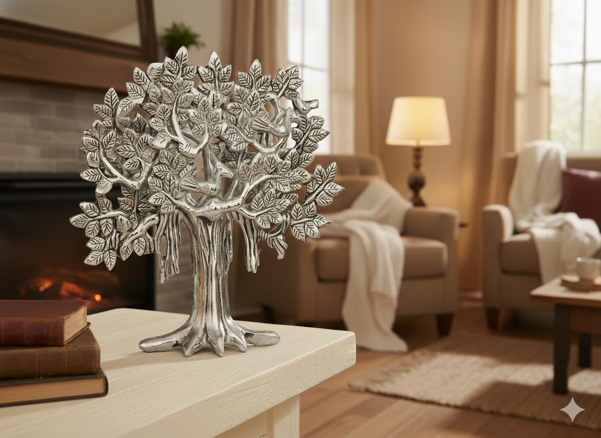 Metal Kalpavriksha Tree for Home Decor - Golden Wish Fulfilling Tree Metal Showpiece for Temple, Vastu, Office Table & Gifting Banyan (No 2 Silver)