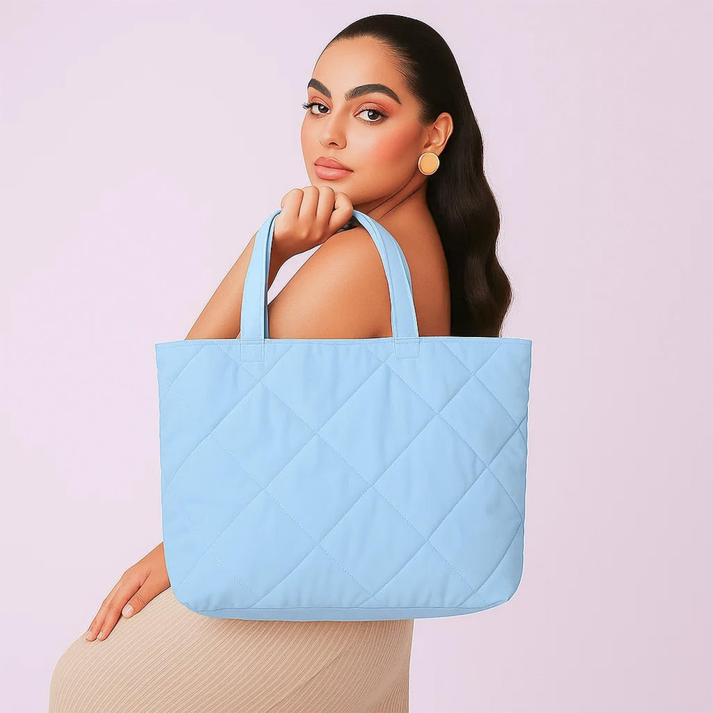 Mahaveer Cotton Quilted Waterproof Tote Bag | 15x15 Inch Large Shopping & Grocery Tote | Open-Top Classic Carry Bag for Daily Use | Multi-Purpose Reusable Handbag for Women, Light Blue