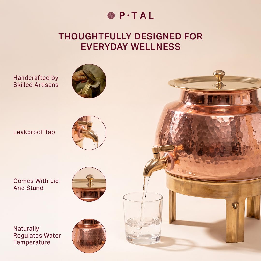 P•TAL Copper Water Dispenser Set with Gift Box | 100% Pure Copper Pot/Matka with Prefitted Leakproof Brass Tap, Lid and Stand (5L)