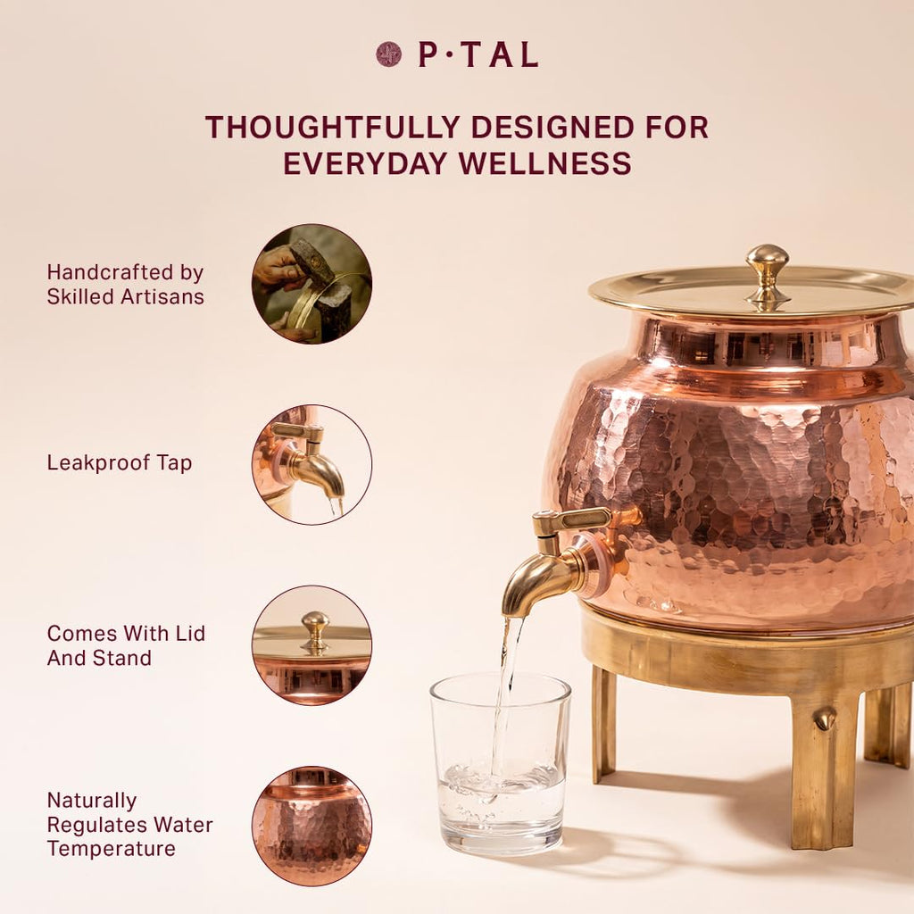 P•TAL Copper Water Dispenser Set with Gift Box | 100% Pure Copper Pot/Matka with Prefitted Leakproof Brass Tap, Lid and Stand (3L)