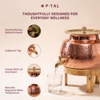 P•TAL Copper Water Dispenser Set with Gift Box | 100% Pure Copper Pot/Matka with Prefitted Leakproof Brass Tap, Lid and Stand (3L)