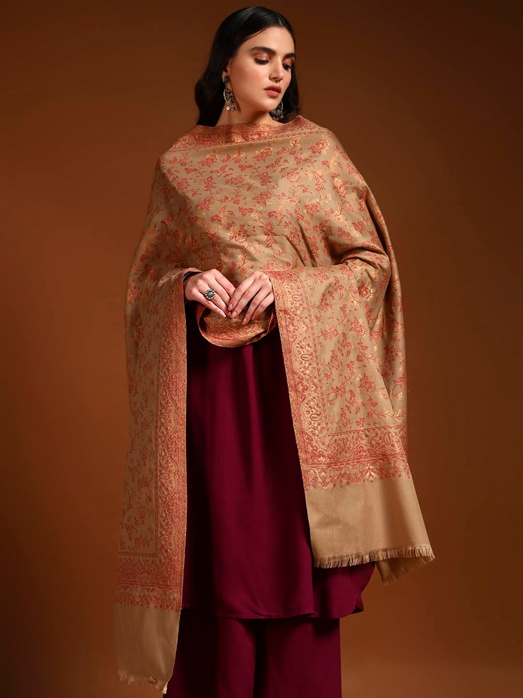 Pashmoda Women Aabroo Kashmiri Jamawar Woven Shawl, Kaani Jacquard Shawls, Stoles, Wraps, Luxury Pashmina Evening Wrap (Size: 40X80 Inches, Pashmina Color) SECS58