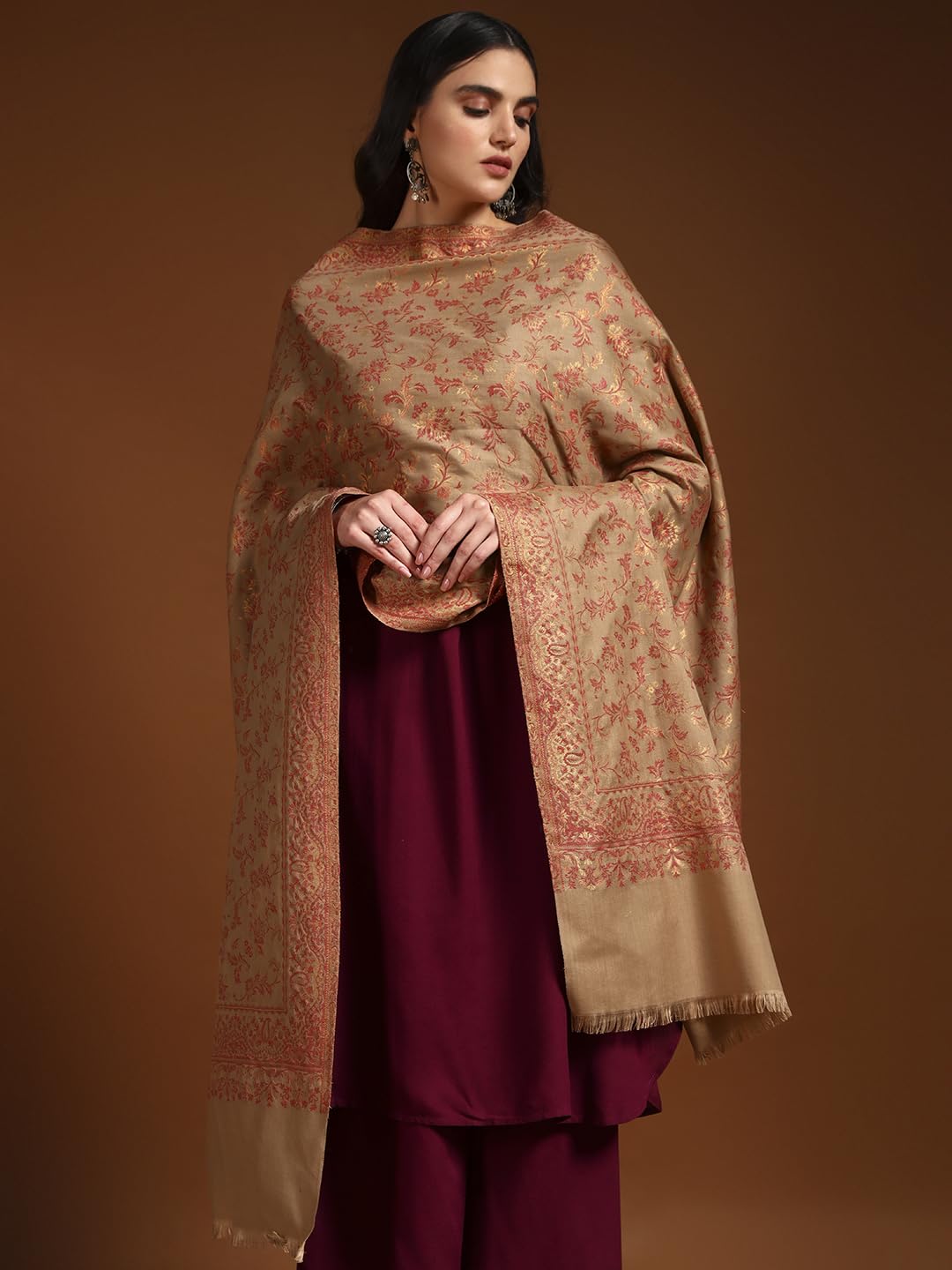 Pashmoda Women Aabroo Kashmiri Jamawar Woven Shawl, Kaani Jacquard Shawls, Stoles, Wraps, Luxury Pashmina Evening Wrap (Size: 40X80 Inches, Pashmina Color) SECS58
