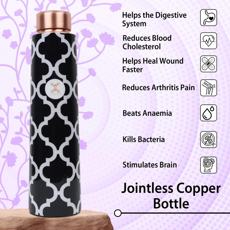 MERCAPE Pure Copper Water Bottle 900 ml with Printed Design | Jointless Construction | Leak-Resistant Screw Cap | Reusable Copper Bottle for Home, Office, Gym & Travel