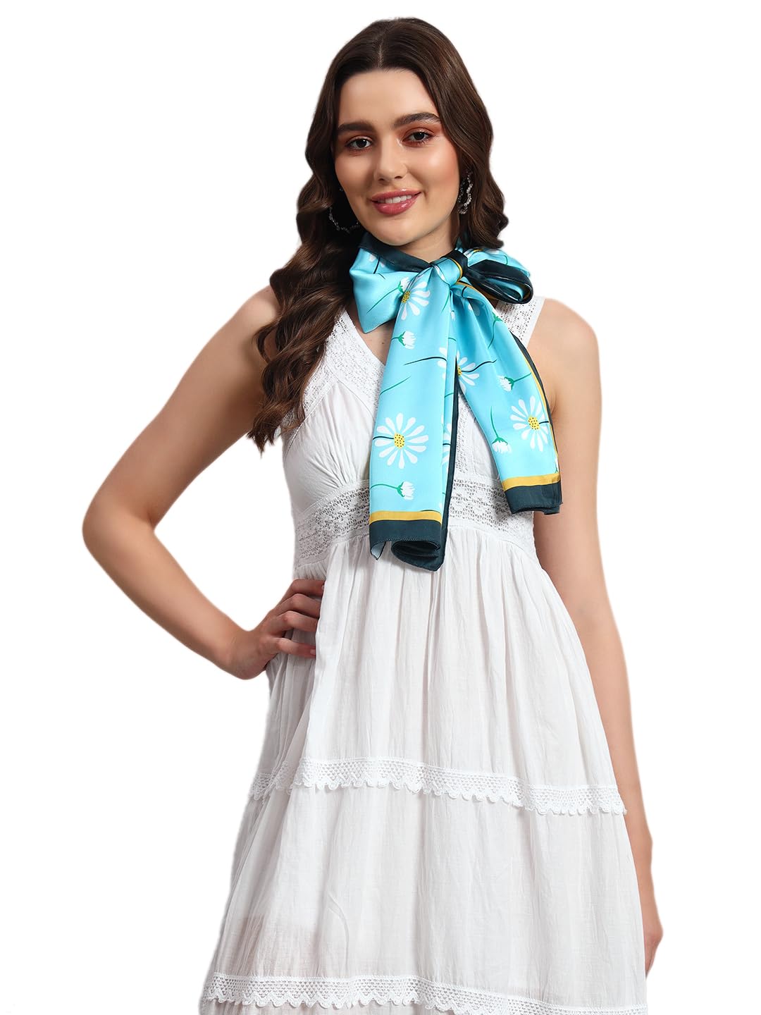 Ravaiyaa - Attitude is everything Women Lightweight Printed 100% Satin Silk Scarf Stoles Breathable Neckerchief Head Beach Wrap Scarves (Turquoise Blue Floral, 70 x 20 Inch)