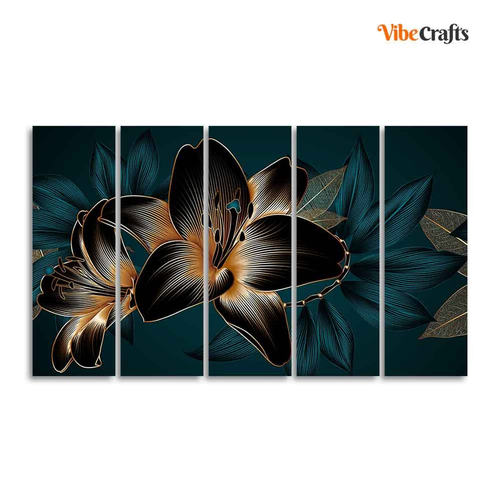 VIBECRAFTS Beautiful Lilies Flowers 5 Pieces Canvas Wall Painting For Home | Office | Living Room | Gift (PTVC5Pcs4_8547)