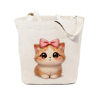 Heu Cute Cat Printed Canvas Tote Bag with Bow | Eco-Friendly Reusable Cotton Shoulder Bag | Aesthetic Cartoon Shopping Tote for Women & Girls