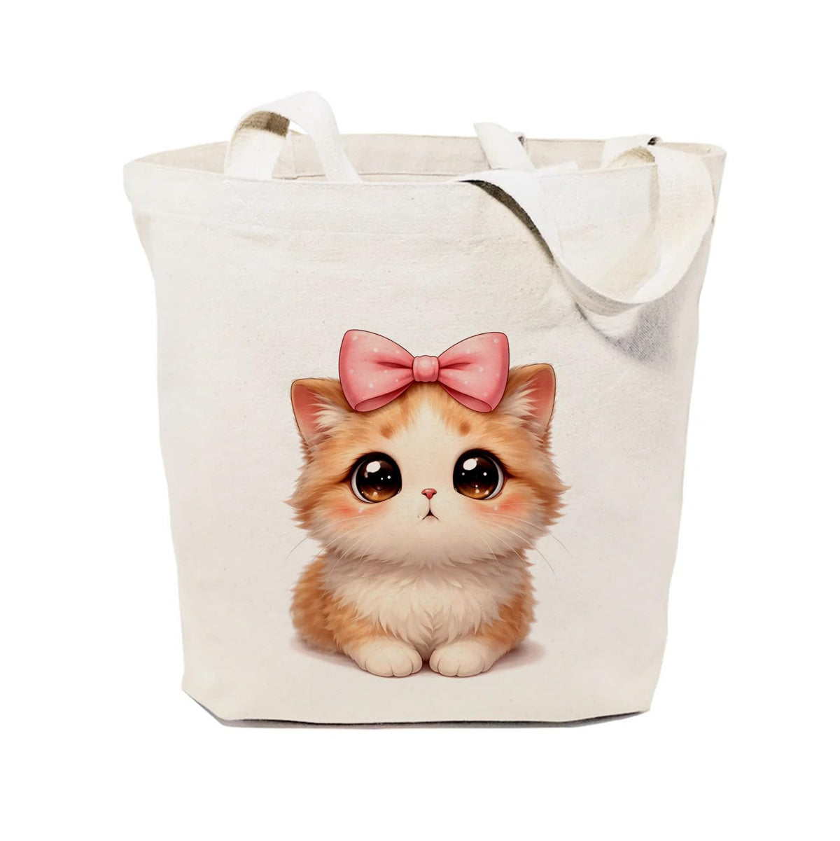 Heu Cute Cat Printed Canvas Tote Bag with Bow | Eco-Friendly Reusable Cotton Shoulder Bag | Aesthetic Cartoon Shopping Tote for Women & Girls