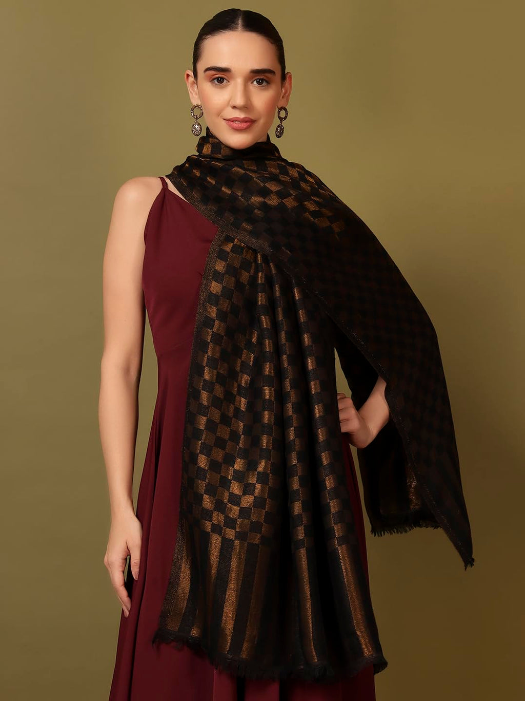 Pashmoda Women Champagne Check Reversible Zari Moonlight Fine Wool Stole (Size : 28x80in, 71X203cm) ZSST02