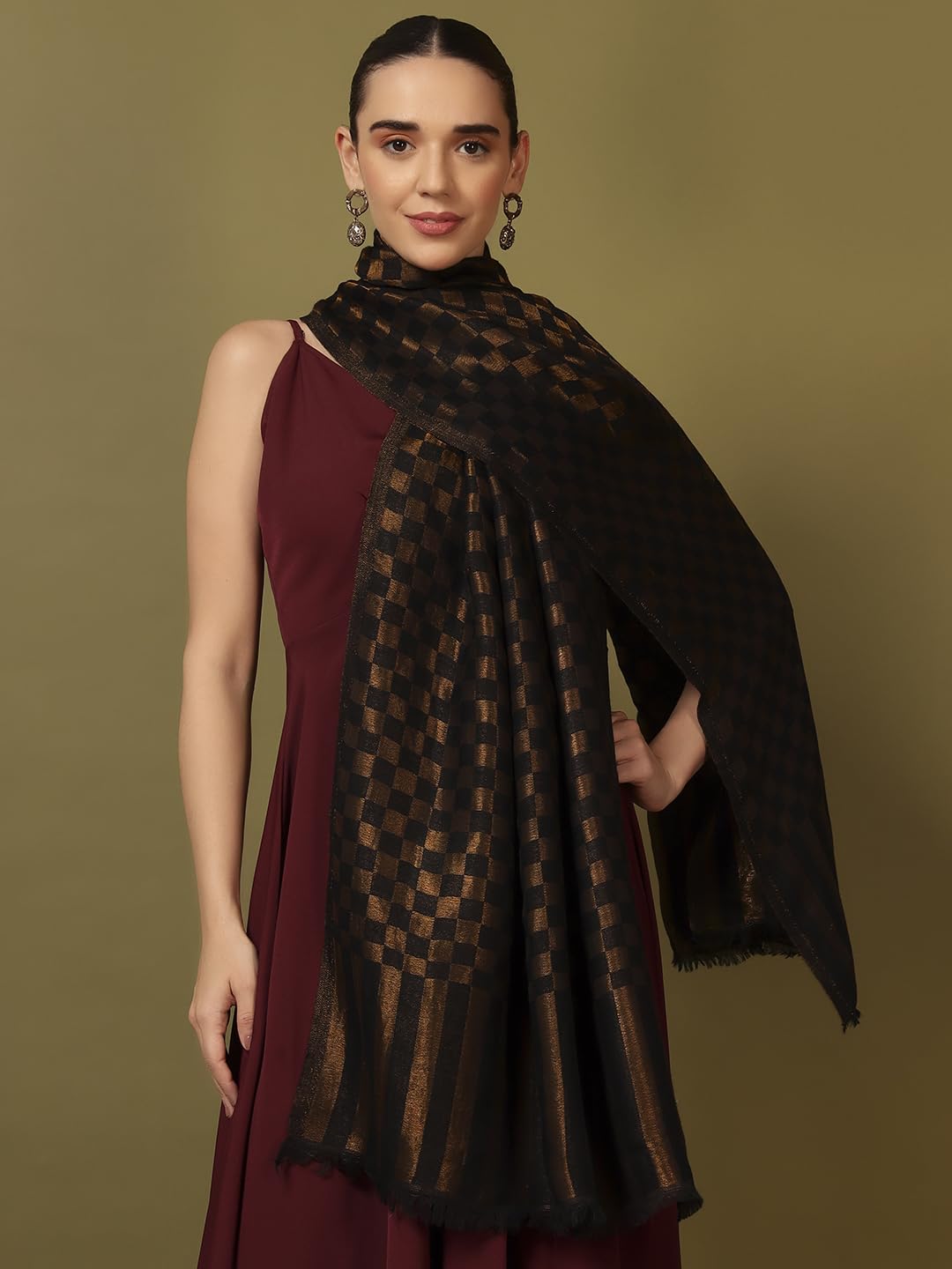Pashmoda Women Champagne Check Reversible Zari Moonlight Fine Wool Stole (Size : 28x80in, 71X203cm) ZSST02
