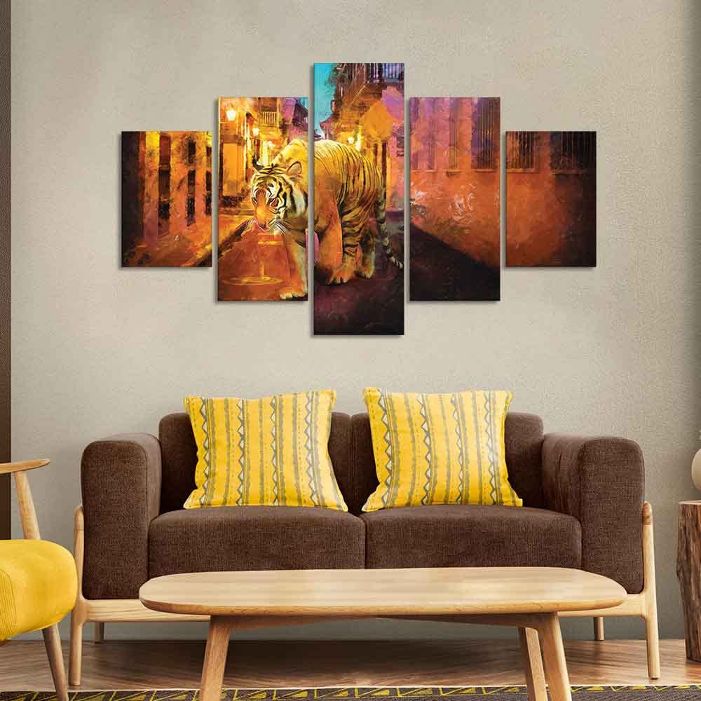 VIBECRAFTS Abstract Art Tiger Walking on Street Canvas Wall Painting of Five Pieces For Home|Office|Living Room|Gift (PTVC5Pcs1_5546)
