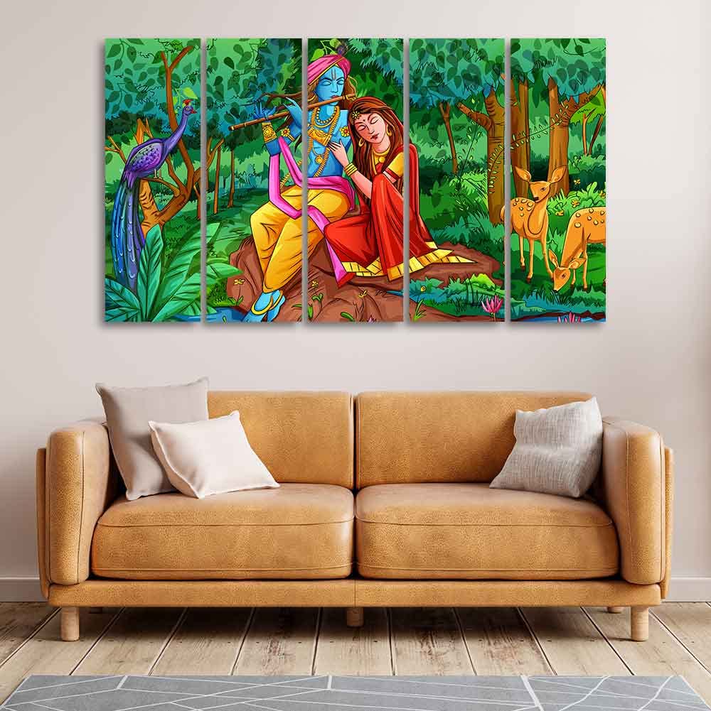 VIBECRAFTS Radha Krishna in Forest Wall Painting Set of Five Pieces For Home|Office|Living Room|Gift (PTVC5Pcs4_8650)