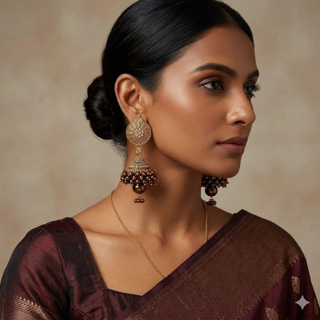 Traditional Gold-Plated pearl/moti Beaded Jhumka Earrings for Women | Ethnic Bridal & Festive Jewelry | Handmade Pearl Drop Jhumki | Lightweight Designer Earrings (brown chocolate)