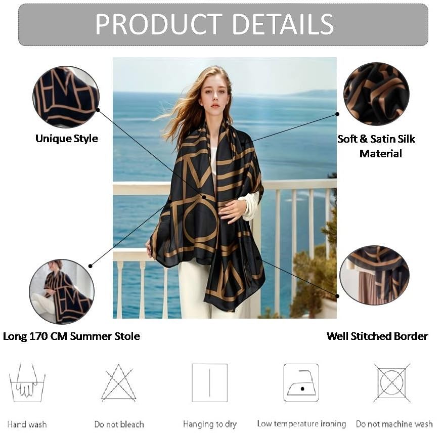 Alexvyan Satin Silk Summer Scarves 170 x 84 cm, Black and Gold Geometric Pattern with Stitched Border, Lightweight Fashion Scarf for Women Sun Protection Stole