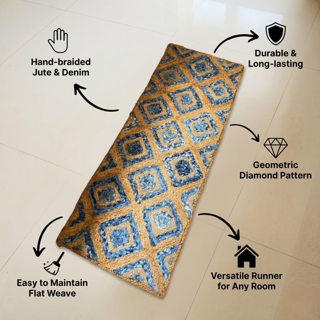 ATRANGI STUDIO Rectangle Jute Rug | Handwoven Braided Design Mat | Rectangular Floor Rug for Living Room, Bedroom, Reading Corner | Boho Home Decor | 20x55 inch, Natural