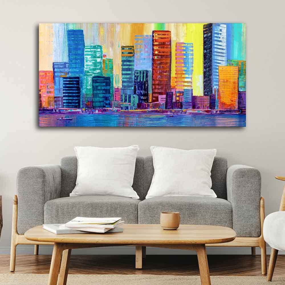 VIBECRAFTS Canvas Paintings for Living Room Drawing Room Colorful City Skyline Canvas Wall Painting Fitted With Wooden Frame For Home | Office | Living Room | Gift (PTVCH_2492)