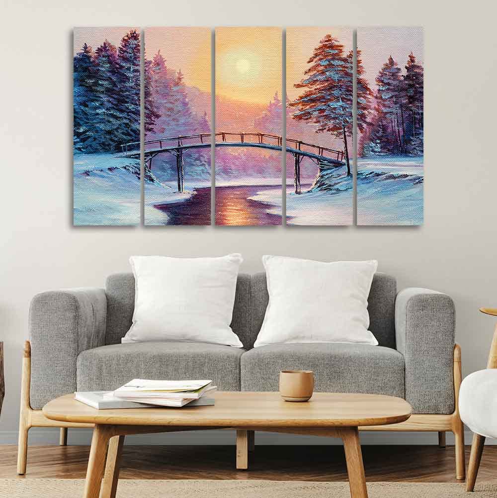 VIBECRAFTS Premium Wall Painting of Winter Landscape with the River Set of Five For Home|Office|Living Room|Gift (PTVC5Pcs4_8646)