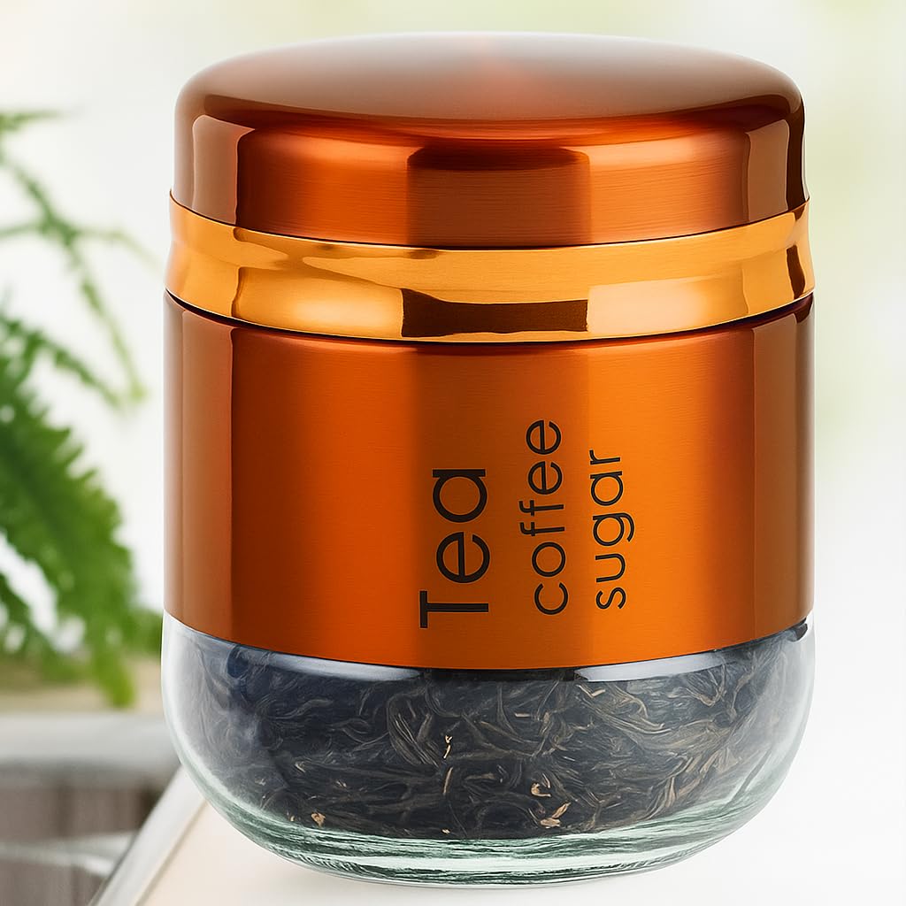 IndusBay® Pack of 1, 400ML Glass Food Storage Container with Stainless Steel Cover & Airtight Lid Kitchen Canister Set Coffee Tea Sugar Dry Fruits Cookie Glass Jar, Copper