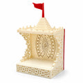 CozyCrest Decorative Acrylic Mini Temple Organizer for Home, Glossy Cream Tabletop Pooja Mandir with Laser-Cut Floral Design, Om Back Panel, Open Platform, Red Flag, 18 x 9 x 7 cm