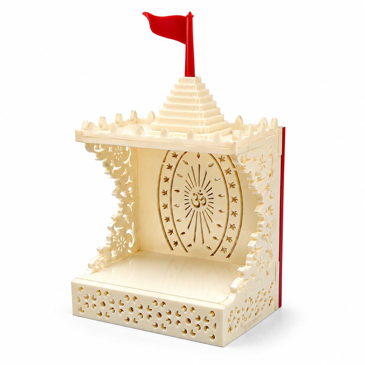 CozyCrest Decorative Acrylic Mini Temple Organizer for Home, Glossy Cream Tabletop Pooja Mandir with Laser-Cut Floral Design, Om Back Panel, Open Platform, Red Flag, 18 x 9 x 7 cm