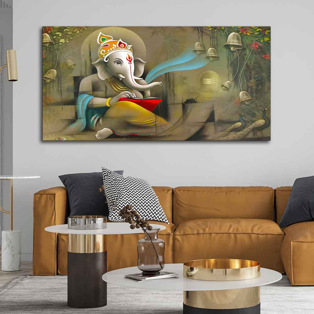 VIBECRAFTS Canvas Paintings for Living Room Drawing Room Auspicious Ganpati Canvas Wall Painting for Home|Office|Gift(PTVCH_2368NV)