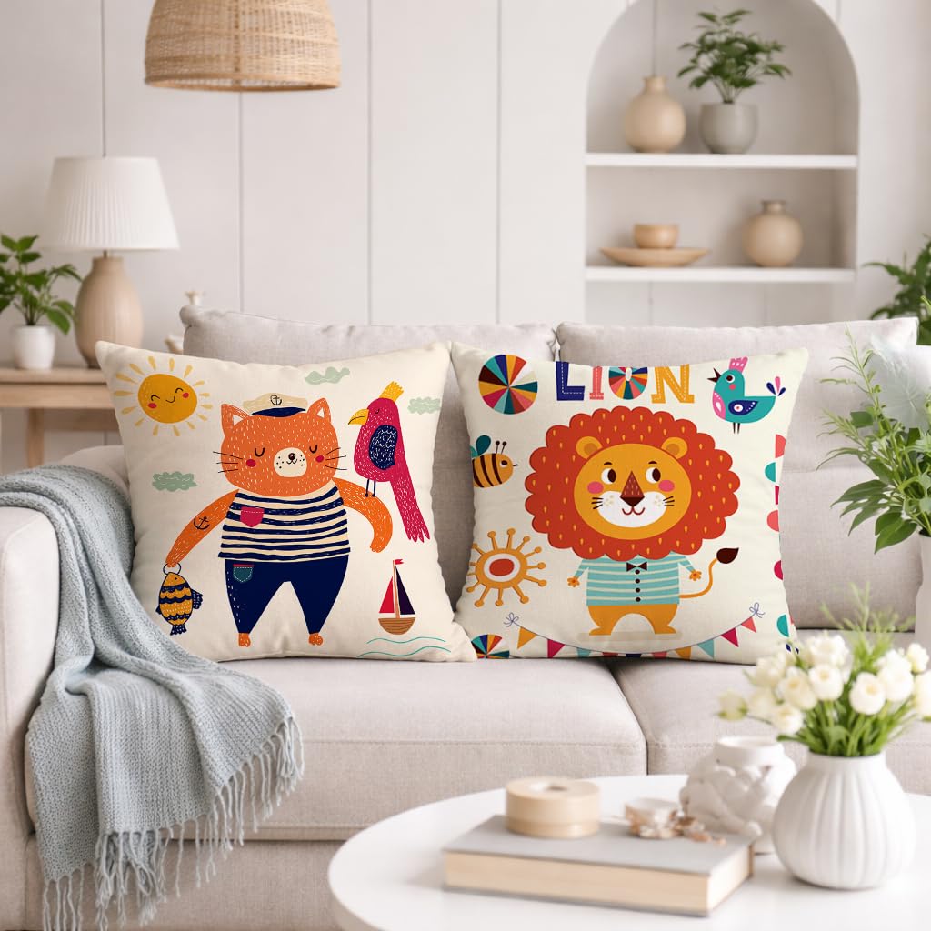 STITCHNEST Set of 2 Folk Art Animal Fantasy Collection Printed Jute Cushion Covers 16x16 Inches | Decorative Throw Pillow Covers for Sofa, Living Room, Bedroom | Perfect for Home Decor