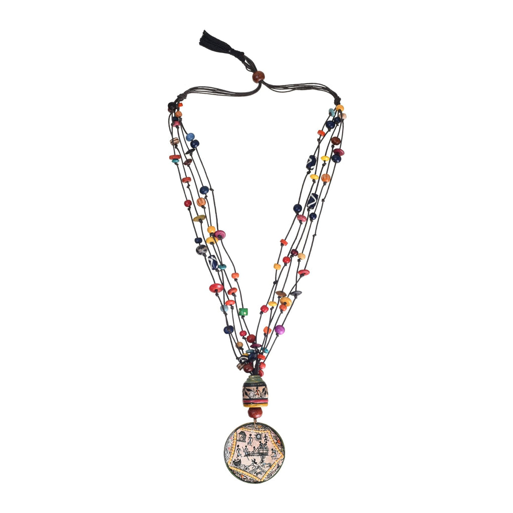 AAKRITI ART CREATIONS Village Square Handcrafted Warli Long Necklace for Women | Beaded Ethnic Pendant Necklace | Long Necklace Set for Women Traditional | Handmade Jewellery Gift