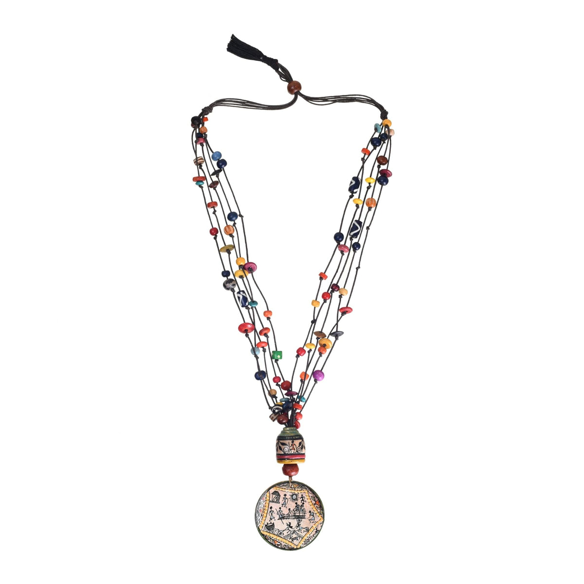AAKRITI ART CREATIONS Village Square Handcrafted Warli Long Necklace for Women | Beaded Ethnic Pendant Necklace | Long Necklace Set for Women Traditional | Handmade Jewellery Gift