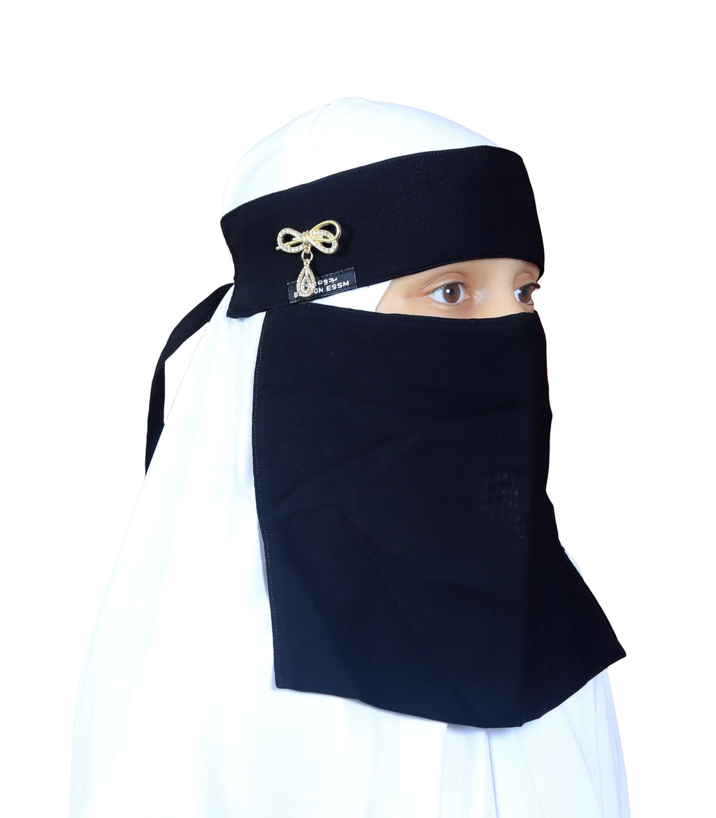 AL RIDHA Women's Babussalam Fabric Fashion Nosepiece One‑Layer Half Hijab Pendant Design Saudi Niqab for Muslim Women and Girls, Black (Teardrop Bow Pendant)