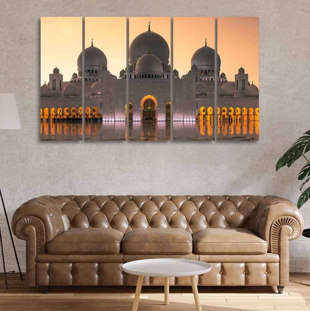 VIBECRAFTS Islamic Canvas Wall Painting of Sheikh Zayed Grand Mosque 5 Panels For Home|Office|Living Room|Gift (PTVC5Pcs4_8568)