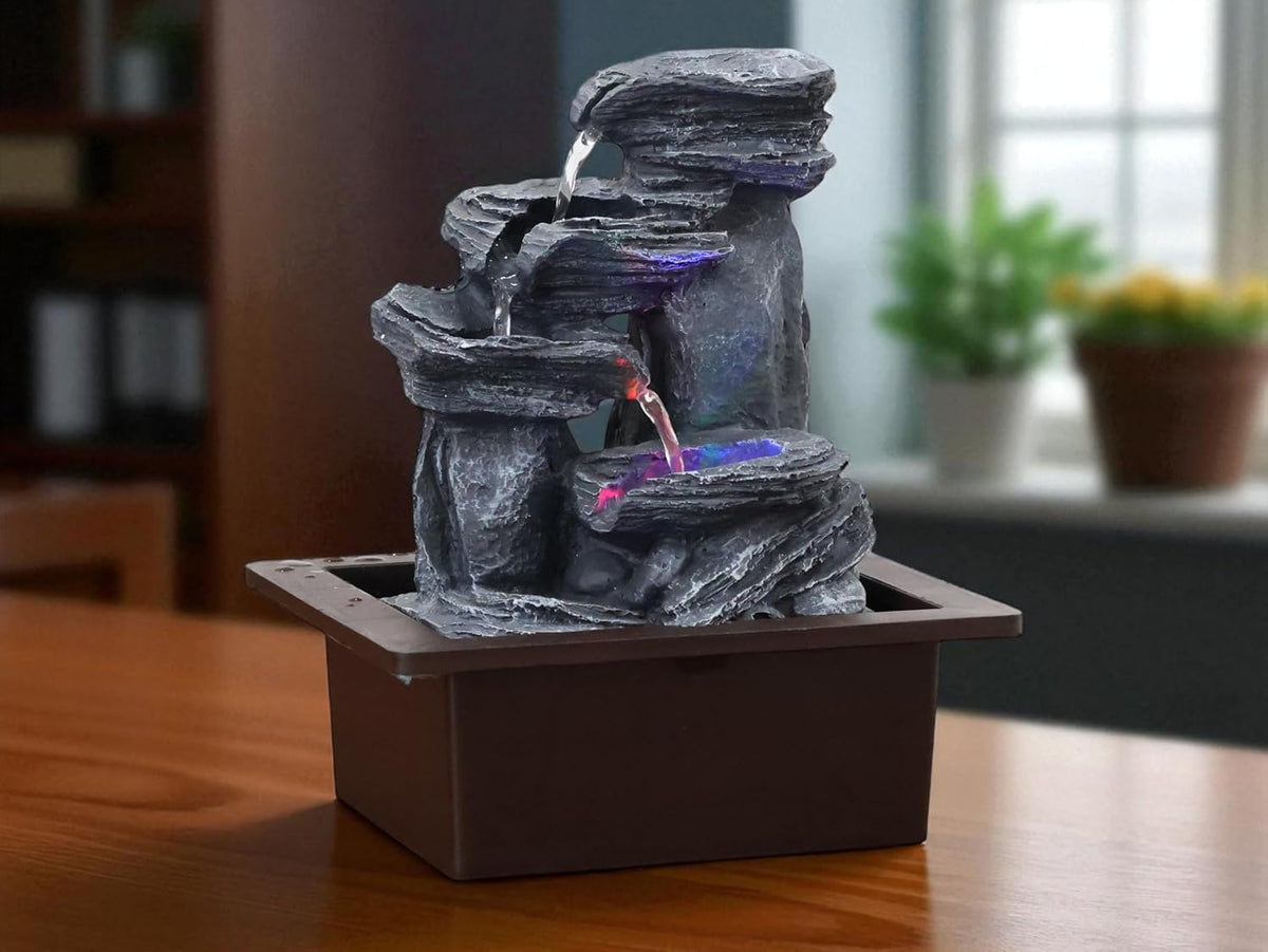KridayKraft Rock Waterfall Design Table top Colour Changing Lights Fountain Polyresin Showpiece for Home Garden Living Room Decor Decoration Gift Items, 26 CM 1.3 kg