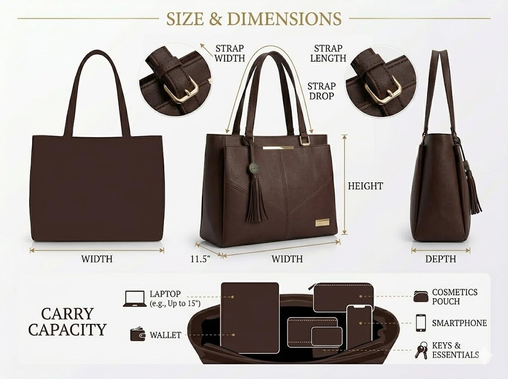 PAVILONN Women Tote Bag Ladies Handbag Shoulder Office Shopping Work Laptop PU Leather Brown Travel College Daily Use Designer Large Stylish Fashion Zipper Commuter Gift (BROWN 2)