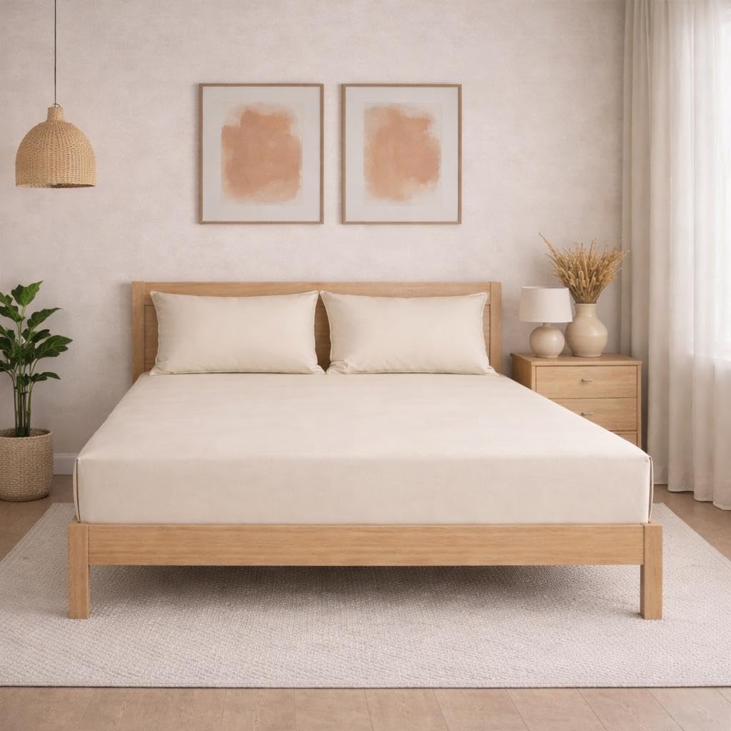 THE HOME STYLE Solid Cotton Feel Pillow Covers (18 x 28 inches, Set of 2 Pcs) | 300 TC | Super Soft & Smooth (Cream)
