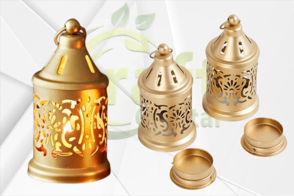 Craft Capital Hanging Metal Candle Tealight Holder Lantern Set, Gold