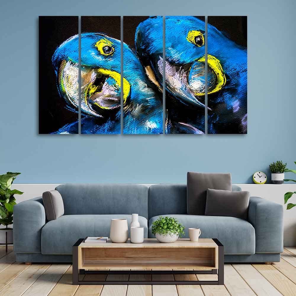 VIBECRAFTS Blue Parrots Pastel Art Five Pieces Wall Painting For Home|Office|Living Room|Gift (PTVC5Pcs4_8545)