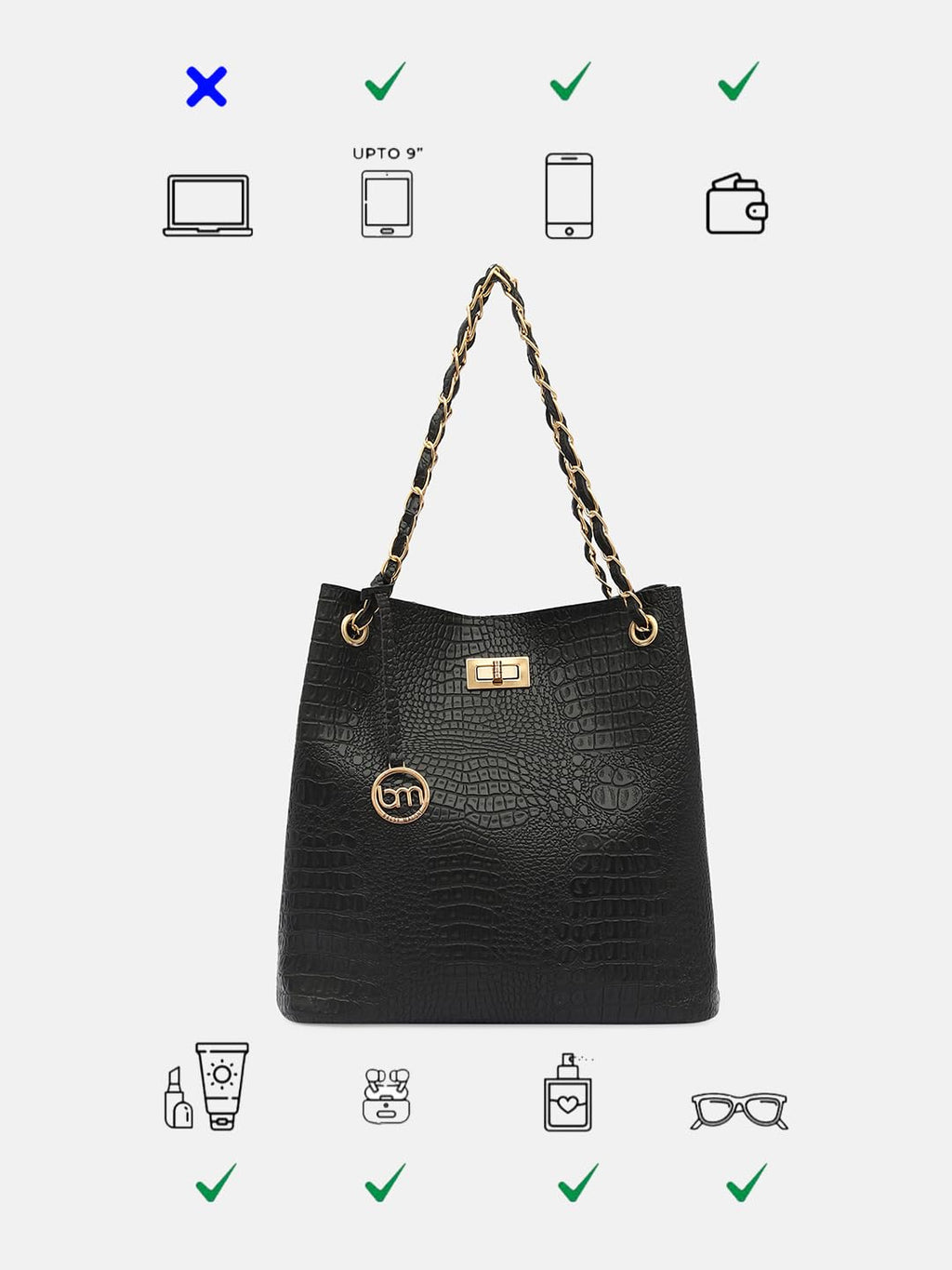Bagsy Malone Bucket Shaped Tote Bag for Women -Set of 2 | Handcrafted Side Tote Bag and Handbag for Office and College (Croco Black)