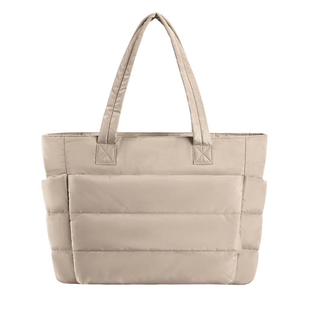 TS WITH TECHSUN Women's Laptop Tote Bag for Laptop, Lightweight Puffy Office Shoulder Handbag with Multiple Pockets, Water Resistant Work Bag for Office, Gym, Travel & Daily Use (16L) (Beige)