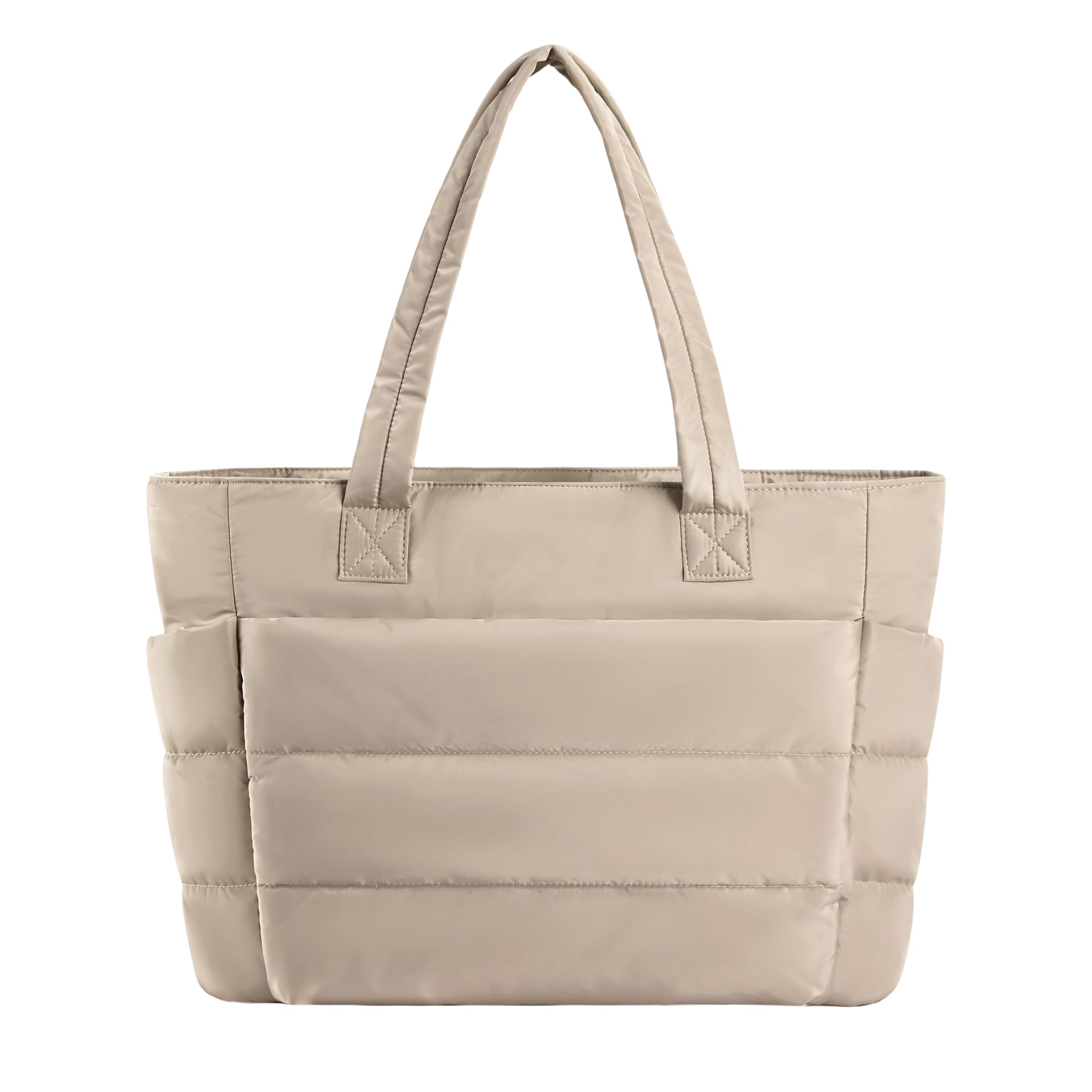 TS WITH TECHSUN Women's Laptop Tote Bag for Laptop, Lightweight Puffy Office Shoulder Handbag with Multiple Pockets, Water Resistant Work Bag for Office, Gym, Travel & Daily Use (16L) (Beige)