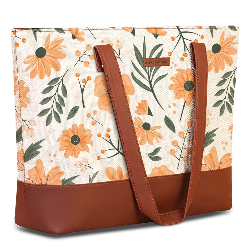 The Purple Tree Women Handcrafted Tote with Vegan Leather Handles & Indian Prints, Spring Flowers Shoulder Casual Bag for Office and College, Oversized Tote