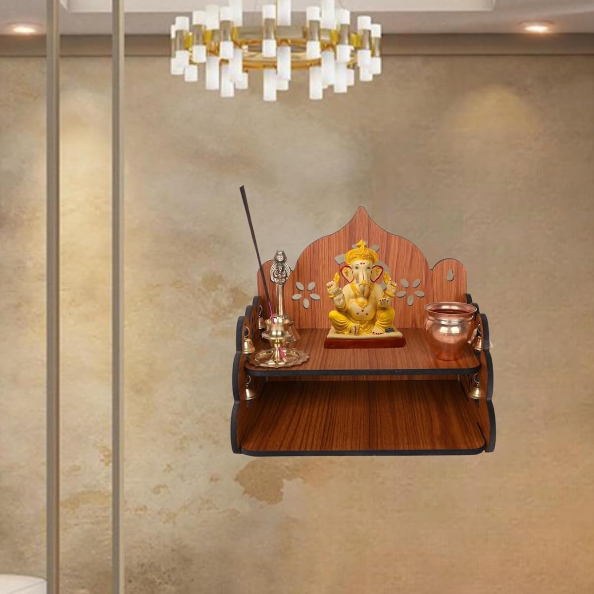 AR Art Engineered Wooden Pooja Mandir Temple Om Floral Design for Wall Mounted Home & Office (L-8, W-8, H-9 Inch) Light Brown – Elegant Spiritual Décor for Worship