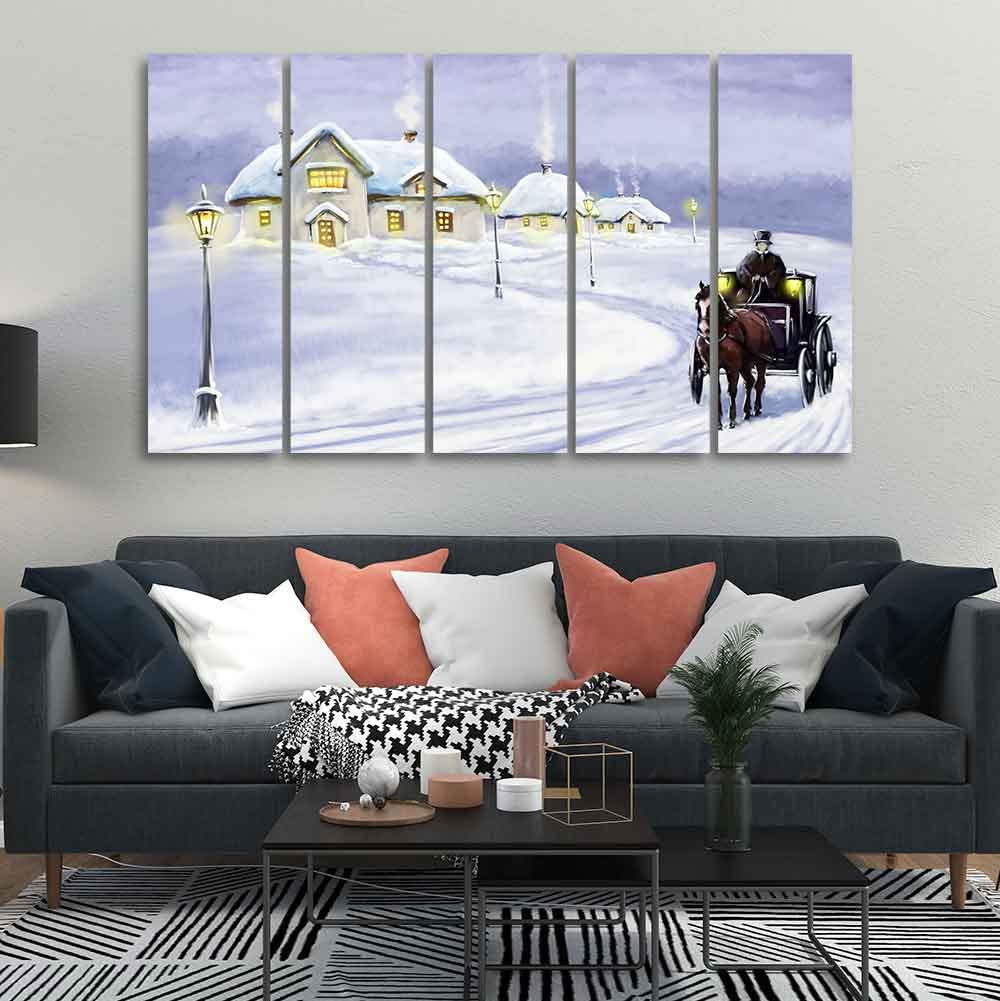 VIBECRAFTS Rural Landscape in Winters Wall Painting of Five Pieces For Home|Office|Living Room|Gift (PTVC5Pcs4_8684)
