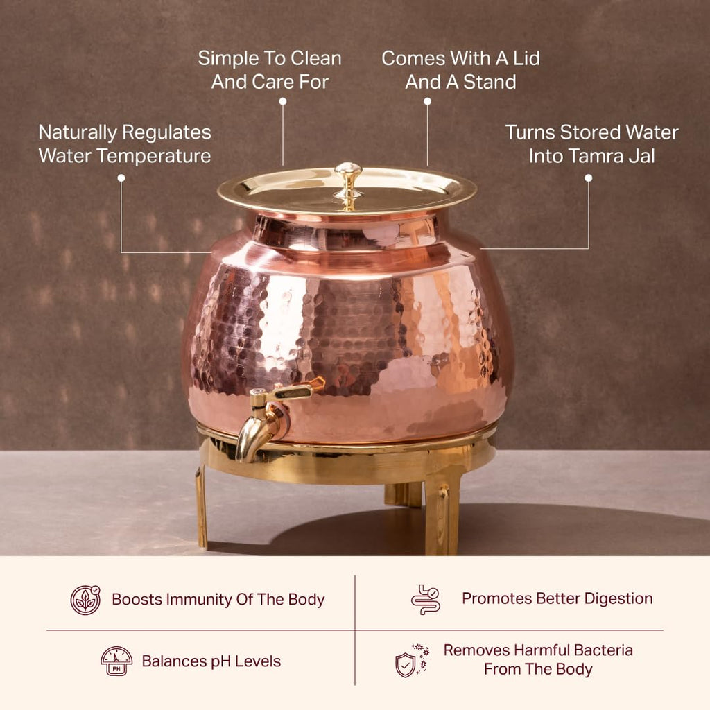 P•TAL Copper Water Dispenser Set with Gift Box | 100% Pure Copper Pot/Matka with Prefitted Leakproof Brass Tap, Lid and Stand (10L)