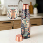 Vip luxe Designer Pure Copper Bottle & Glass Set with Elephant & Mandala Design – 900ml Bottle + 2 x 250ml Glasses | Heavy-Gauge Ayurvedic Gift Set for Wellness
