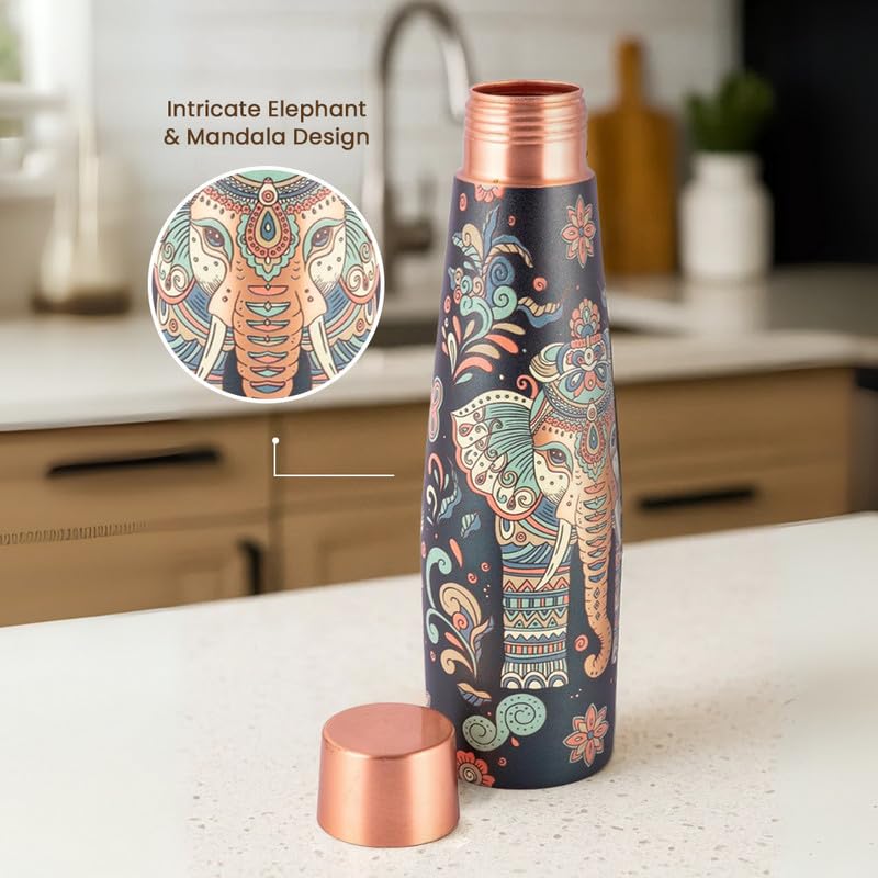 Vip luxe Designer Pure Copper Bottle & Glass Set with Elephant & Mandala Design – 900ml Bottle + 2 x 250ml Glasses | Heavy-Gauge Ayurvedic Gift Set for Wellness