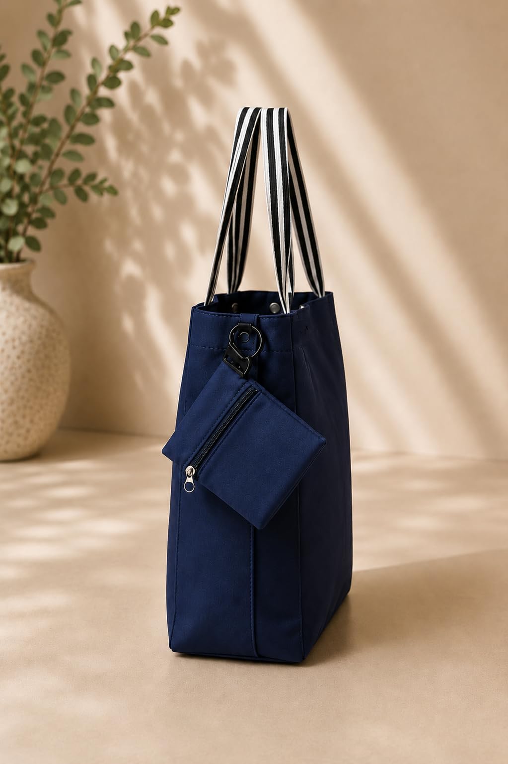 Navy Blue Tote Bag, 30x35x13 cm, with Detachable Zipper Pouch, Striped Handles, Spacious Everyday Shoulder Bag
